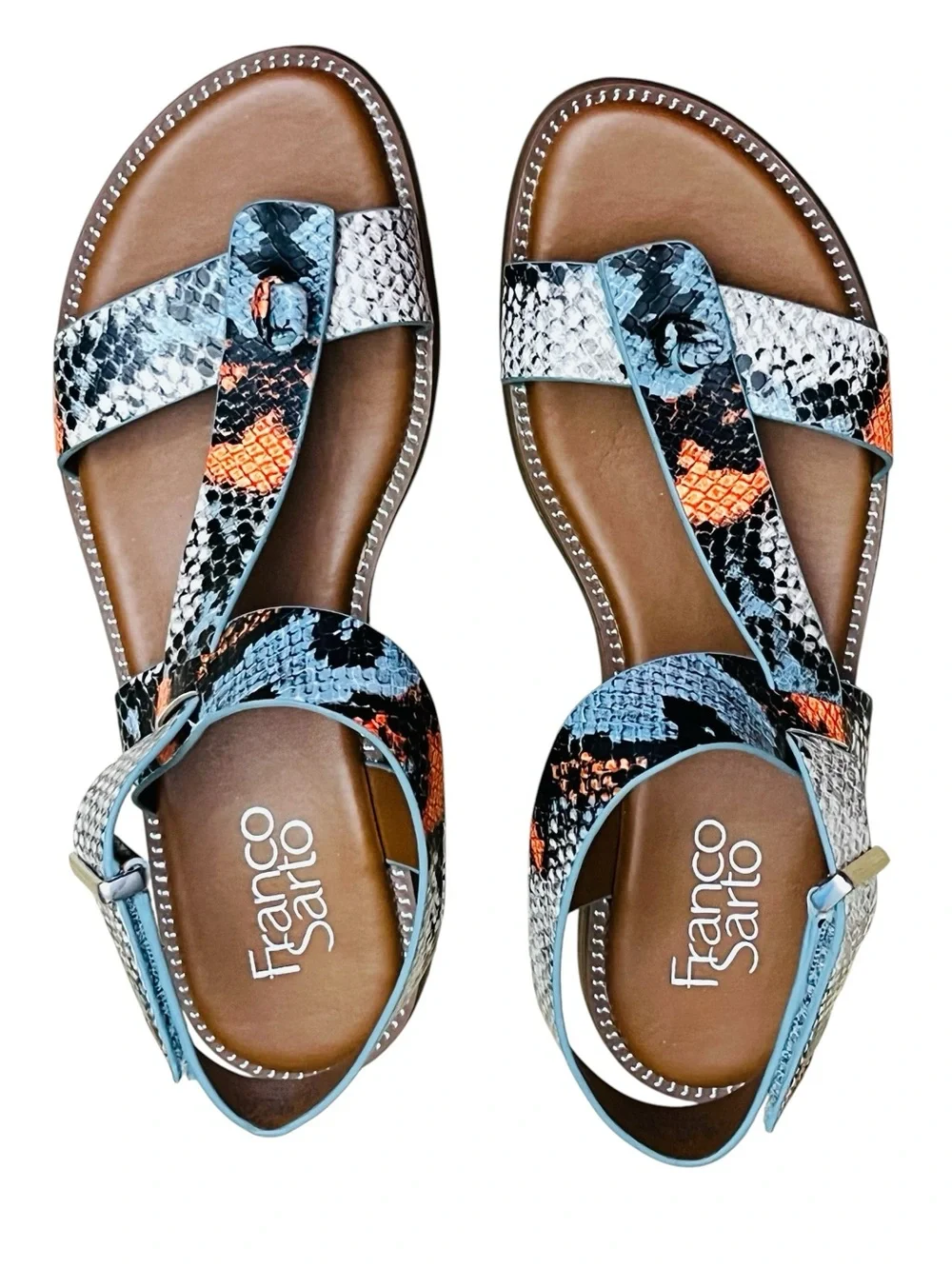Franco Sarto Glenni Sandals Womens 6.5 M Snake Print Ankle Strap Toe-Post Flat